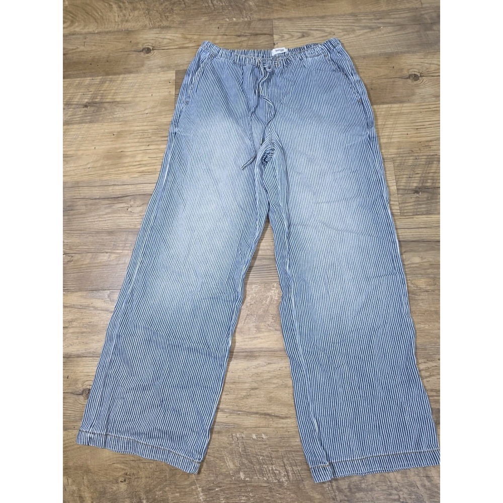 Kensie Jeans Size M/15"x29 Striped  Pull On Pants Blue White Drawstring Denim